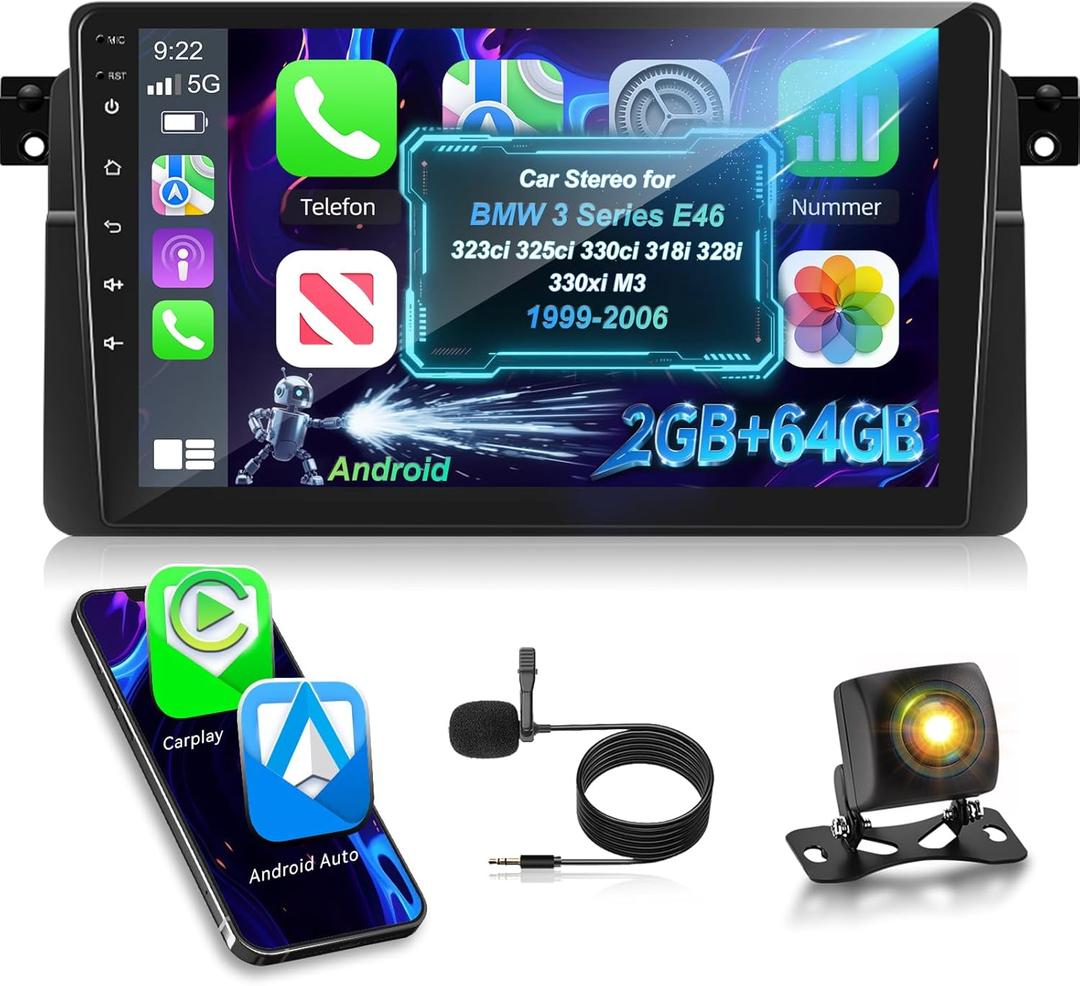 2G+64G Car Radio for BMW 3 Series E46 323ci 325ci 330ci 318i 328i 330xi M3 1999-2006, 9 Android Touchscreen Car Stereo, Wireless CarPlay & Android Auto, GPS, Bluetooth, SWC