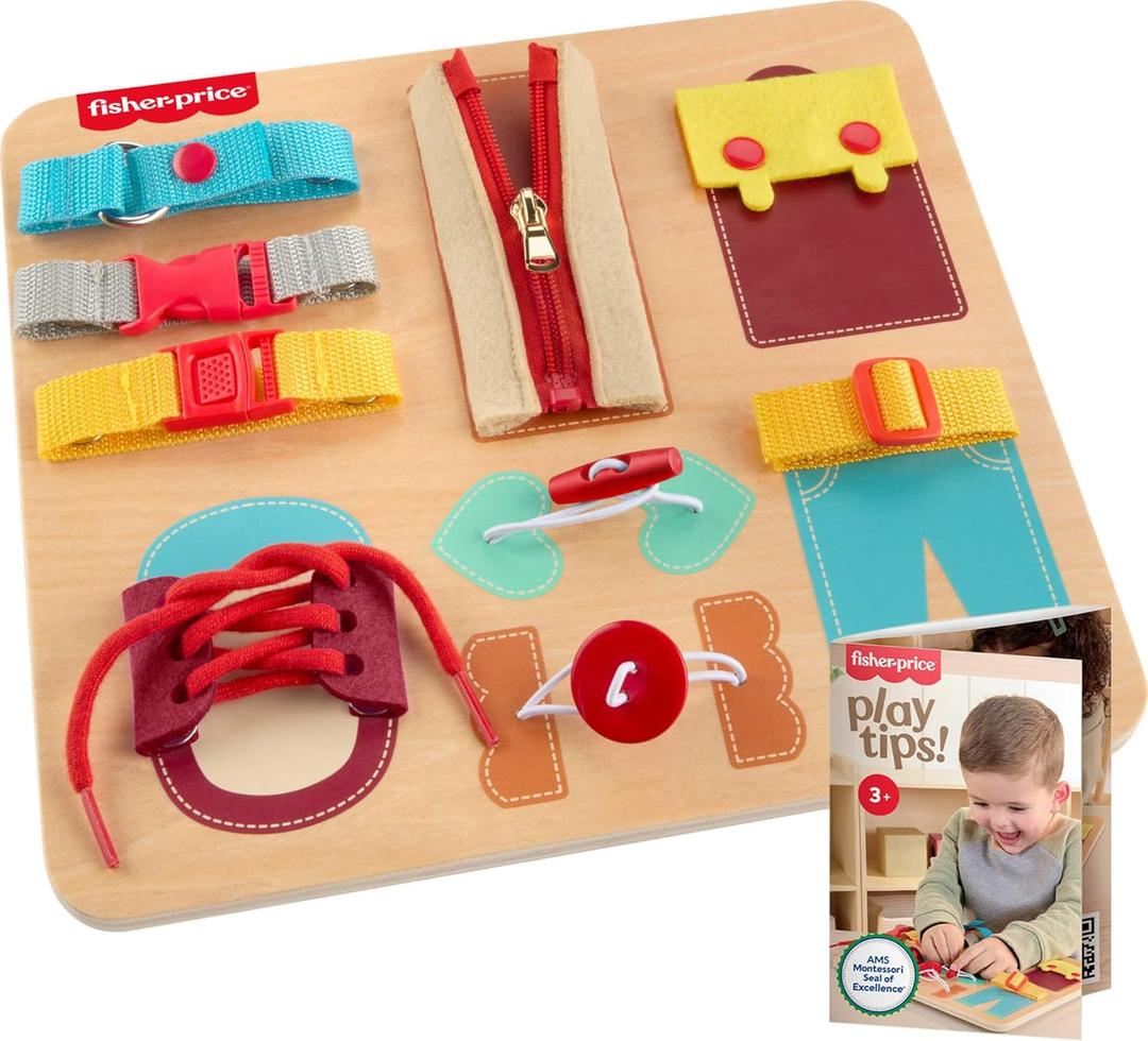 Fisher-Price Wood Montessori Toy Dressing Board, American Montessori Society Seal of Excellence, Early Life Skills Learning Busy Activity for Preschool Kids Ages 3+ Years