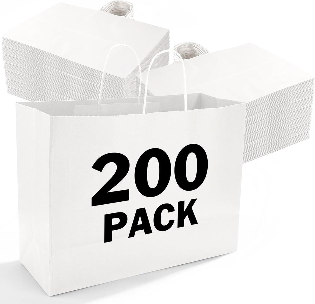 XPCARE 200Pack Large Paper Gift Bags with Handles Bulk,16x6x12 Inch Kraft Bag Packaging White Paper Bags for Birthday Party Boutiques Business Retail Stores Merchandise, 1 count
