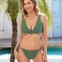ZAFUL Bikini Sets for Women Push Up Ribbed V Neck High Cut 2 Piece Swimsuits Wrap Criss Cross Bathing Suits (Green, S)