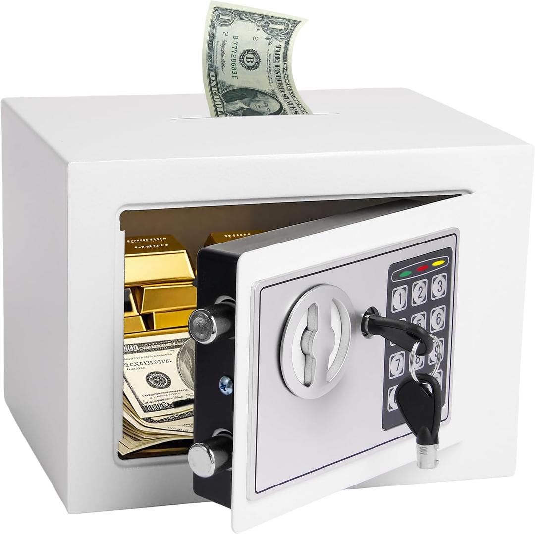 Mini Electronic Safe Box with Digital Keypad & Keys, 0.23 Cubic, 9.06"Wx6.69"Dx6.69"H,Small Safe Deposit Boxes with Coin Slot, Safety Boxes for Home Office Dorm, Money safe,For Cash,Gun(White)