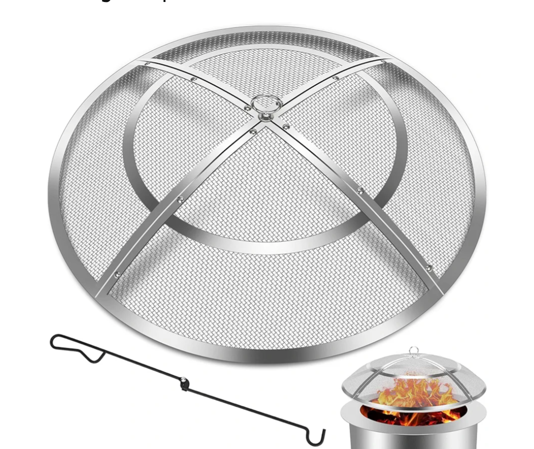 Fire Pit Spark Screen,36 Inch Fire Pit Screen Cover Stainless Steel Outdoor with Handle&Poker,Firepit Screens Cover Round Mesh Lid Heavy-Duty Steel Replacement for Backyard/Beach/RV Camping