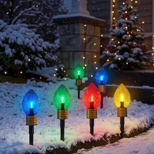 Jumbo C9 Christmas Pathway Lights Outdoor,7FT Jumbo Christmas Lights with Pathway Marker Stakes and 4 LED Diamond Pattern Multicolor Bulb for Holiday Outside Yard Garden Decor,4 Lights