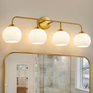 Frosted Bathroom Vanity Light: Brushed Gold 4 Lights Bathroom Lighting Fixtures Over Mirror - Vintage Wall Lights with Milky White Ribbed Glass for Living Room Hallway