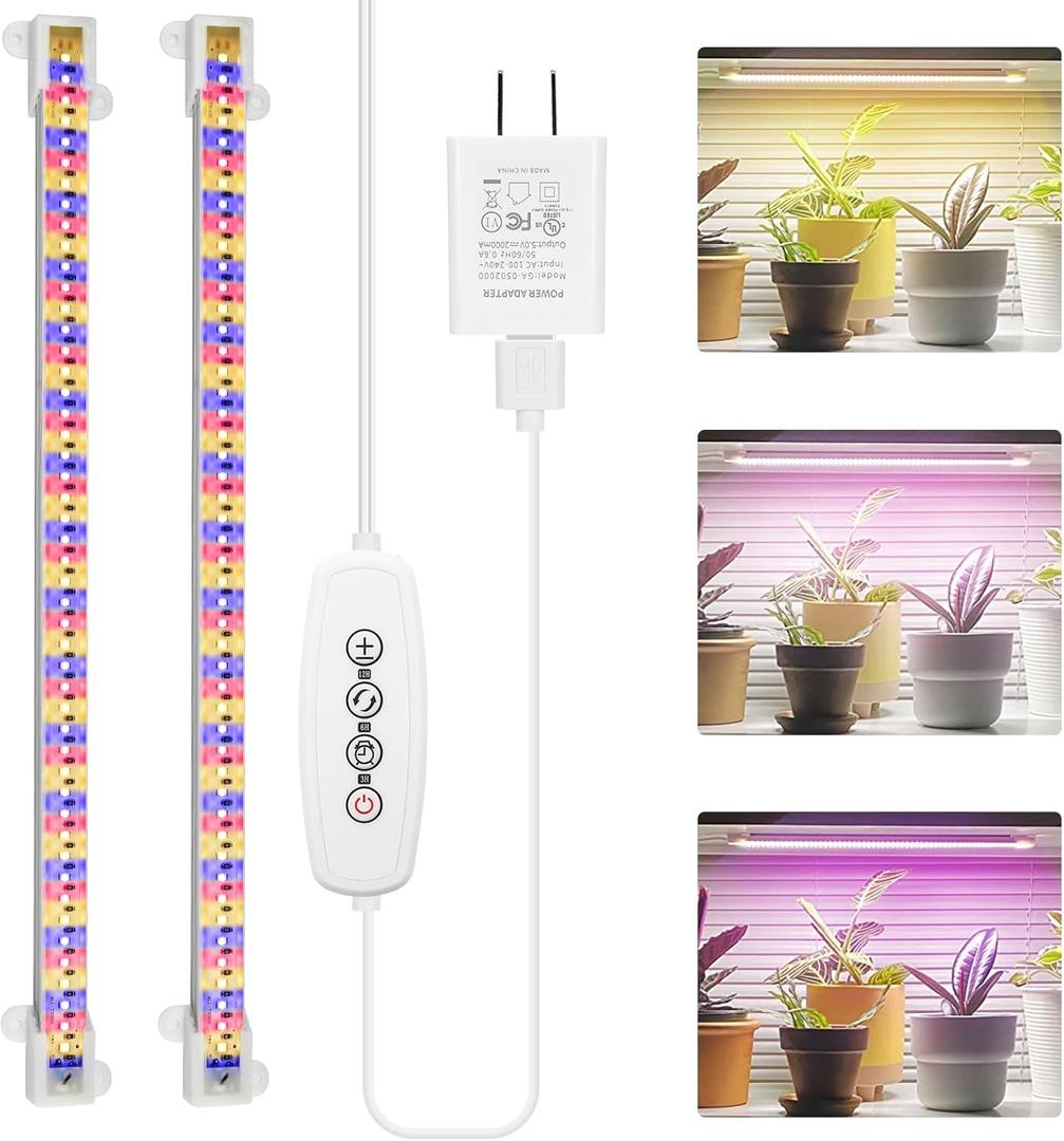 Grow Lights for Indoor Plants Full Spectrum, Grow Light Strips with Auto Timer 3/6/12 H, Plant Lights with Red Blue White LEDs, 3 Lighting Modes,5 Dimmable Levels, 2 Packs,Updated Controller (Mix)