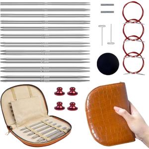 Lewhoo Circular Knitting Needles Set with Bag, 11 Pair Interchangeable Stainless Steel Circular Needle for Knitting with 4 Cables 2.0~5.0mm Silver