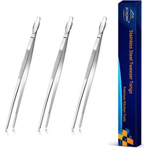 JETKONG Serving Tweezer Tongs 9-Inch Cooking Tweezers Kitchen Tweezers, Set of 3 (9 9 9 Inch, Silver)
