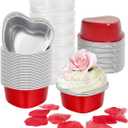 Heart Shaped Cake Pans for Baking with Red Petals, BLVRYVIO 50 Sets Aluminum Cupcake Cups with Lids, 100 ml/ 3.5 Ounces Red Disposable Mini Foil Pans for Valentine's Day Wedding Parties (50)