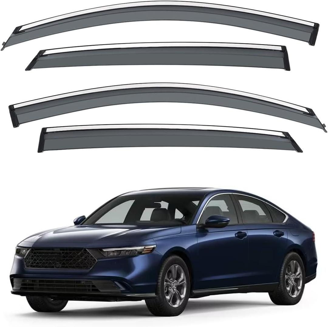VESUL Tape on Rain Guards Compatible with Honda Accord 2023 2024 2025 LX EX-L Sport Touring Vent Visor Window Deflector Shield Cover Sun Vent Shade with 304 Stainless Steel Trim