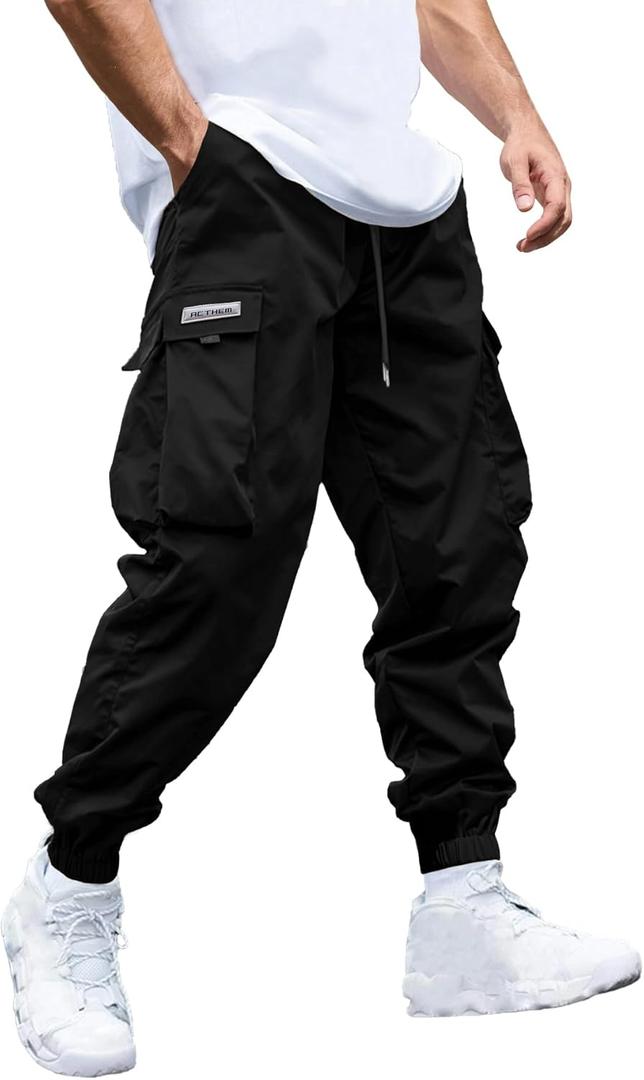 JEMLDL Mens Cargo Joggers Pants Elastic Waist Drawstring with Flap Pockets Techwear Pants for Men (Black, L)