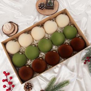 3.15 Inch Velvet Christmas Balls Ornaments, 15 Pcs Beige Green Brown Velvet Ornaments for Christmas Tree, Large Flocked Hanging Xmas Ball Bulk for Garland Indoor Holiday Party Home Decor