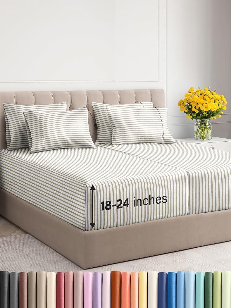 Extra Deep Split King Sheet Set - 7 Piece Breathable & Cooling Sheets - Hotel Luxury Bedding Set 18-24 Inch Extra Deep Pockets - Easy Fit, Soft, Wrinkle Free & Comfy - Beige Stripes, Split King Size