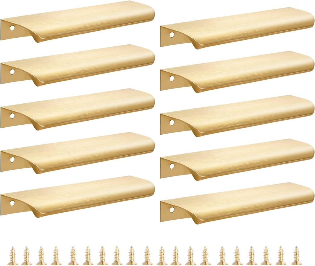 Malimali 10 Pack Gold Edge Finger Pulls for Cabinets 6" Kitchen Cabinet Pulls Handles Drawer Pulls Modern Aluminum Concealed Tab Pulls for Closet Door, Brushed Brass