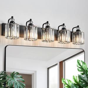 5-Light Black Bathroom Light Fixtures Over Mirror Modern Vanity Lights Crystal Wall Sconce Vintage Bathroom Lighting with Crystal Shade E26 Base for Bedroom, Living Room, Hallway