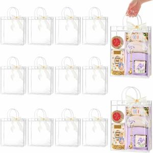 Ohuimrt 20 PCS Clear Plastic Gift Bags with Handles, 10.2 x 11.8 x 3.15 Inches Reusable Party Favor Bags with Ribbon Transparent Gift Wrap Bags Bulk for Weddings Birthdays