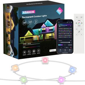 ASAHOM Permanent Outdoor Lights for House, 100ft with 60 RGBCW LED Smart Eave Lights, 60lm White, 100 Scenes Modes, IP67 Waterproof, 10 Music Modes for Holiday Party Decorations Daily Lighting, White