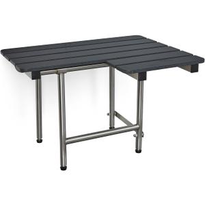 Seachrome 32-inch x 22.5-inch ADA Bariatric Wall Mount Folding Transfer Bench Shower Seat with Legs, Left-Handed, Black Slatted Phenolic Seat