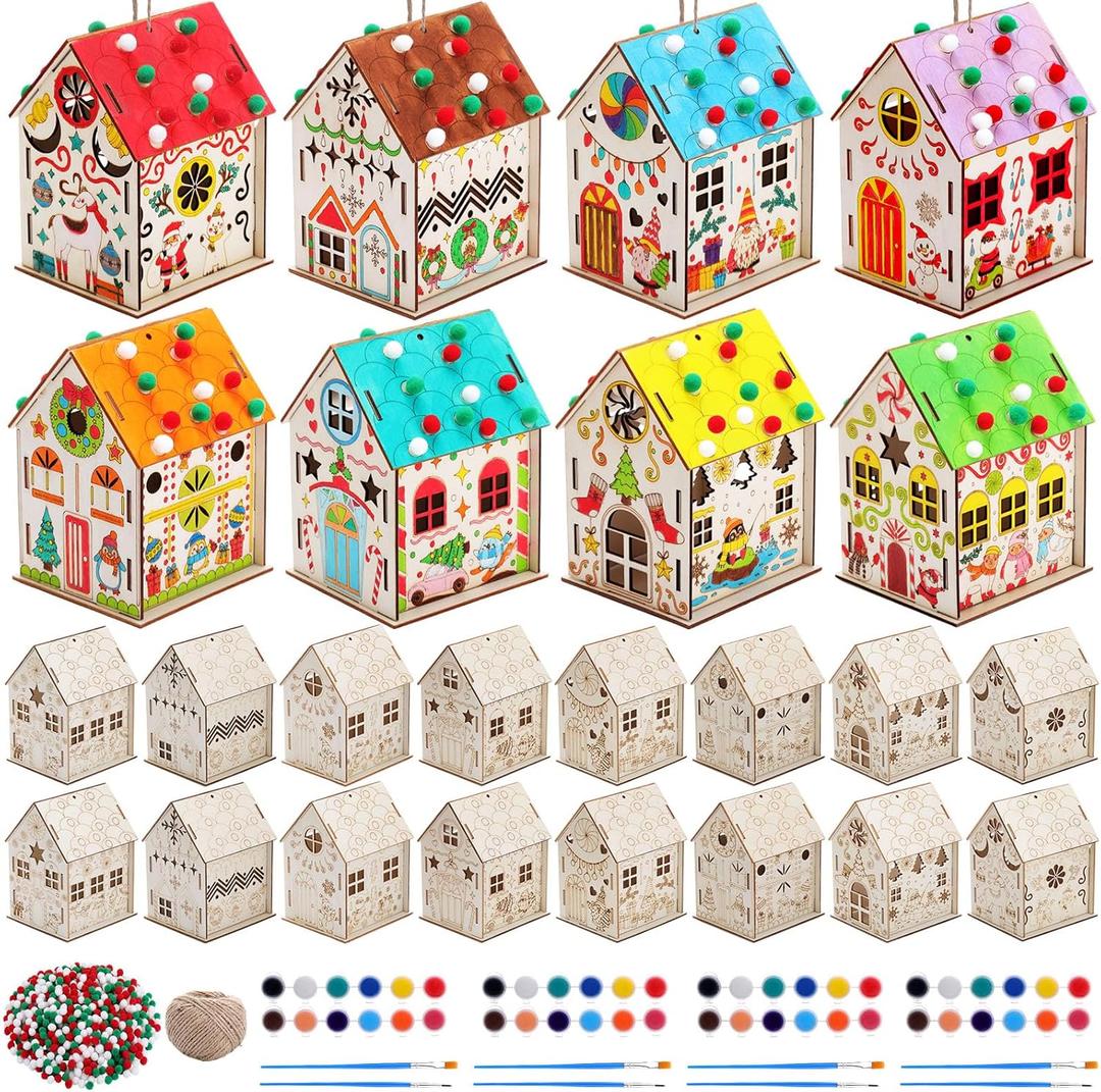 DoubleFill 24 set Christmas Wooden Gingerbread House Craft Kit DIY Christmas Village Set 3D Xmas Wood Birdhouse Craft Kits Included Paint Paintbrush Rope Pom Pom for Festival Party Game Gifts Supplies
