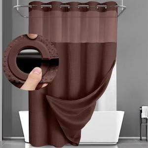 YellyHommy No Hook Shower Curtain with Snap in Liner Set Less Time Brown Waffle Shower Curtain for Bathroom 75" L x 72" W