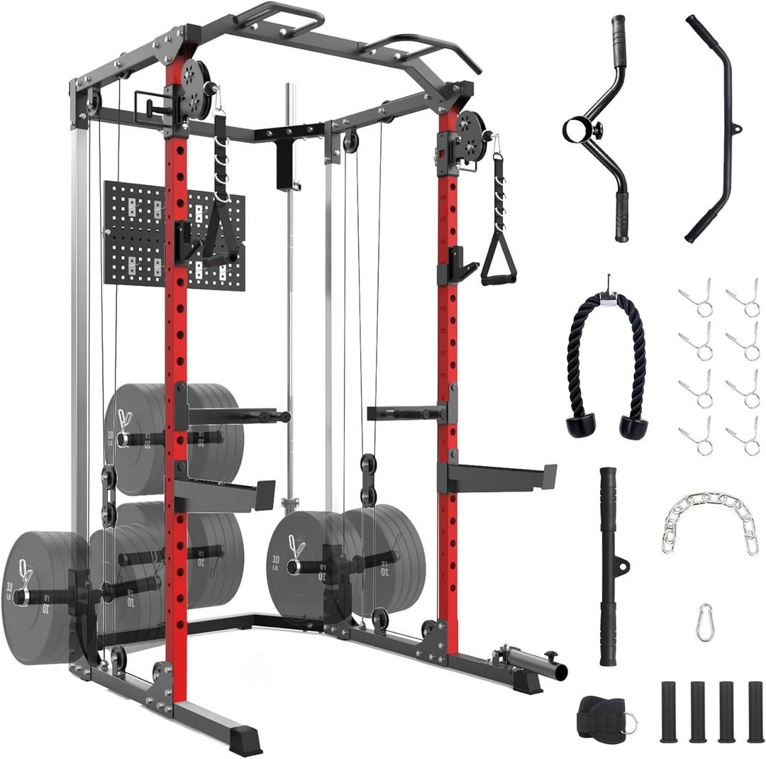 GarveeHome 2000 LBS Power Cage, Squat Rack, Multifunctional Weight Cage with Cable Crossover System and LAT Pulldown, Workout Cage with Adjustable Safety Bars for Home Gym, Black (Red)