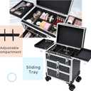 FRENESSA Professional Rolling Makeup Case Aluminum Trolley Train Case with 360 Swivel Wheels for Makuep Artist Travel Cosmetic Organizer with Sliding Drawers for Nail Tech Hairstylist Barber, Black (EXP 08/19/27)