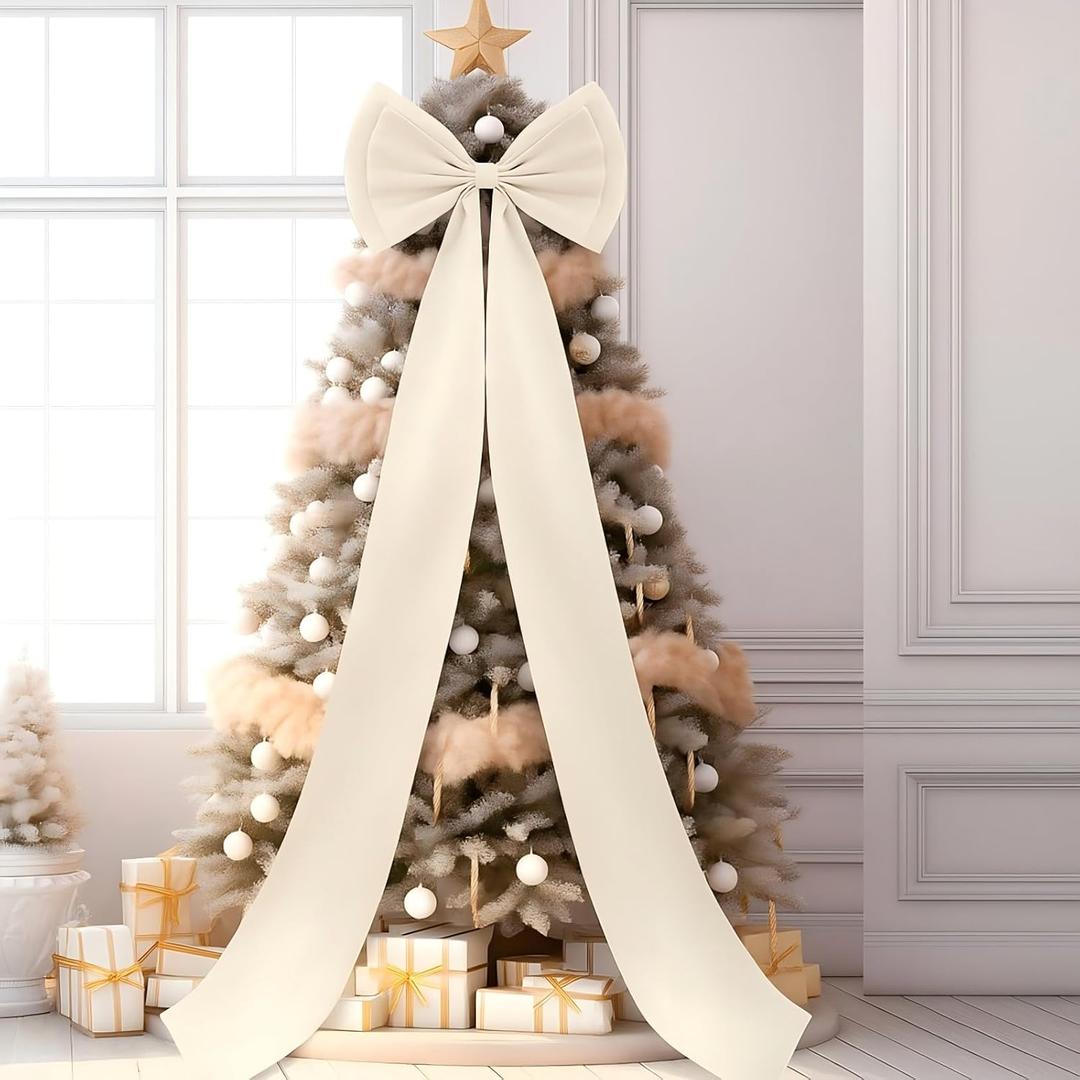 Giant Bow Decor Christmas Tree Topper Decoration Big Bows for Room Wall Backdrop 75x18 Inch Ribbon Tie for Wedding Christmas Fall Birthday Party Baby Shower Supplies(Cream White,Satin)
