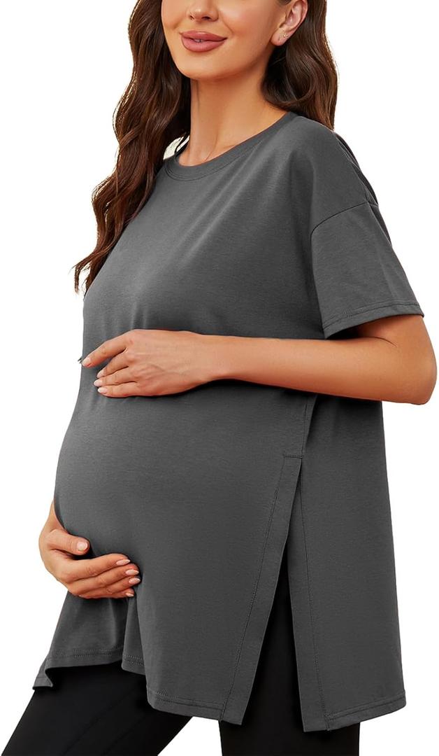 Ecavus Women's Casual Maternity Shirts Split Side Pregnancy Tops Blouses Short Sleeve Loose Fit Maternity Clothes (X-Large, Dark Gray)