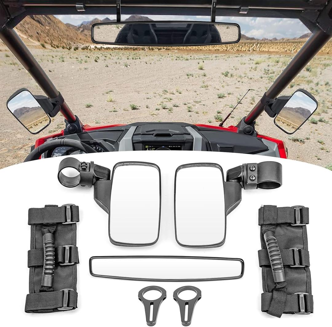 Dasen UTV Rear View Side Center Mirrors Set with Grab Handle for 1.5" Roll Bar Mount Compatible with Yamaha Viking Wolverine YXZ, fit Polaris Ace Rhino