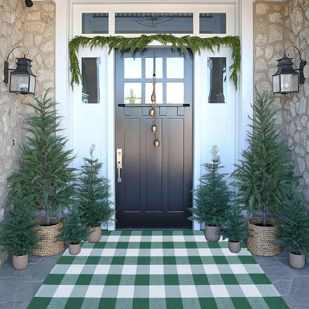 Christmas Outdoor Mat Buffalo Plaid Christmas Decor Rug Cotton Hand-Woven Layered Door Mats Washable Carpet for Front Porch, Kitchen, Farmhouse, Entryway (3' x 5' (Rectangular))
