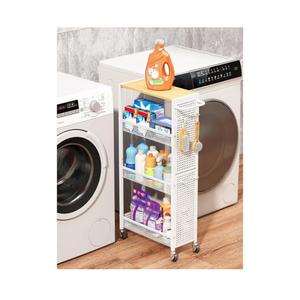 Utility Slim Storage Cart 4 Tier Small Rolling Kitchen Laundry Room Organization Cart with Wood Top Metal Narrow Laundry Room Shelves Cabinet Unit Laundry Organizer Trolley with Handle for Small space