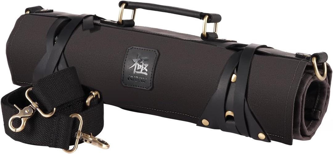 KYOKU Chef Knife Roll Bag, Kitchen Knife and Utensil Holder with 10 Slots 3 Cutlery Holders for Chef Knife Set, Oiled Leather and Waxed Canvas Knife Roll Up Travel Bag with Adjustable Strap, Black