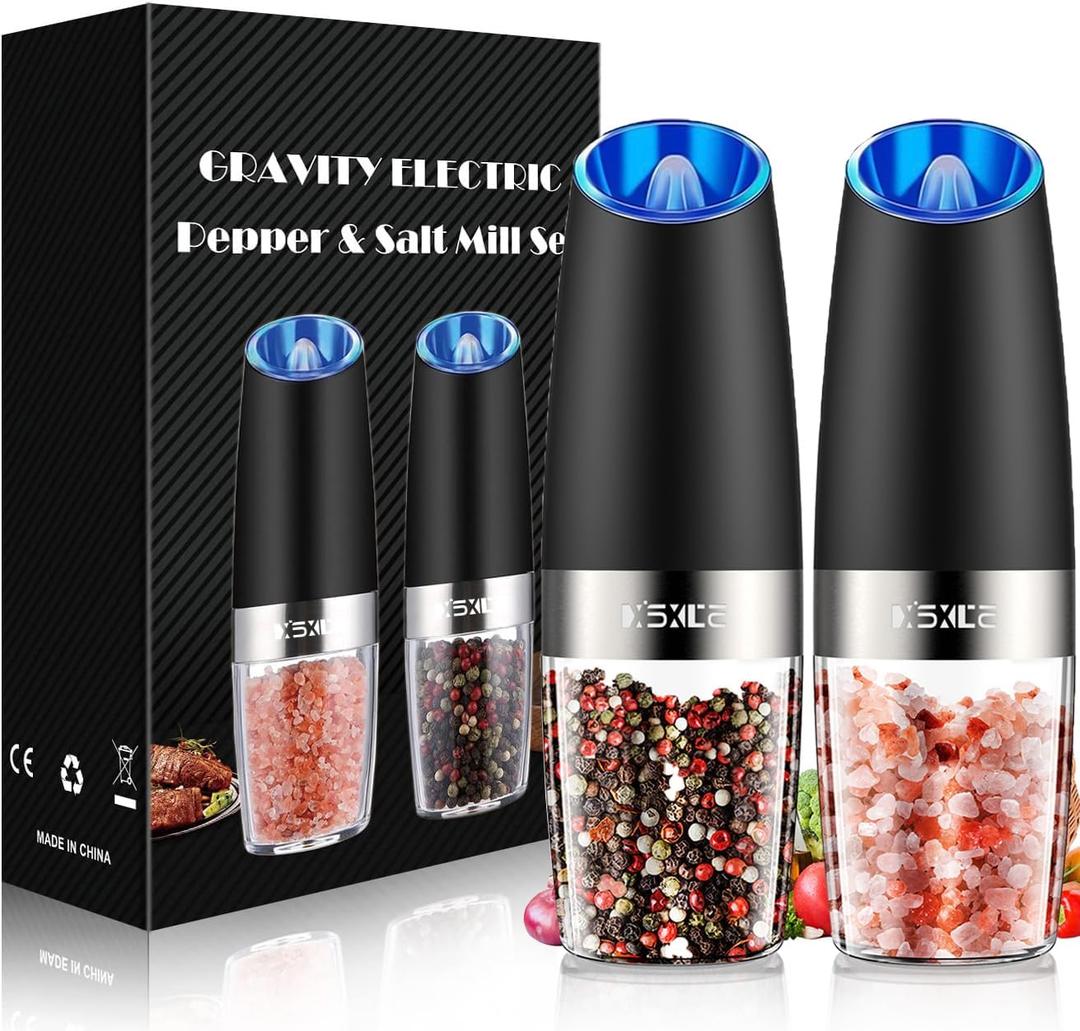 XinXu Gravity Electric Pepper and Salt Grinder Set, Adjustable Coarseness, with LED Light, One Hand Automatic Operation (Set/Black X) (2.5*2.5*7.9inch)
