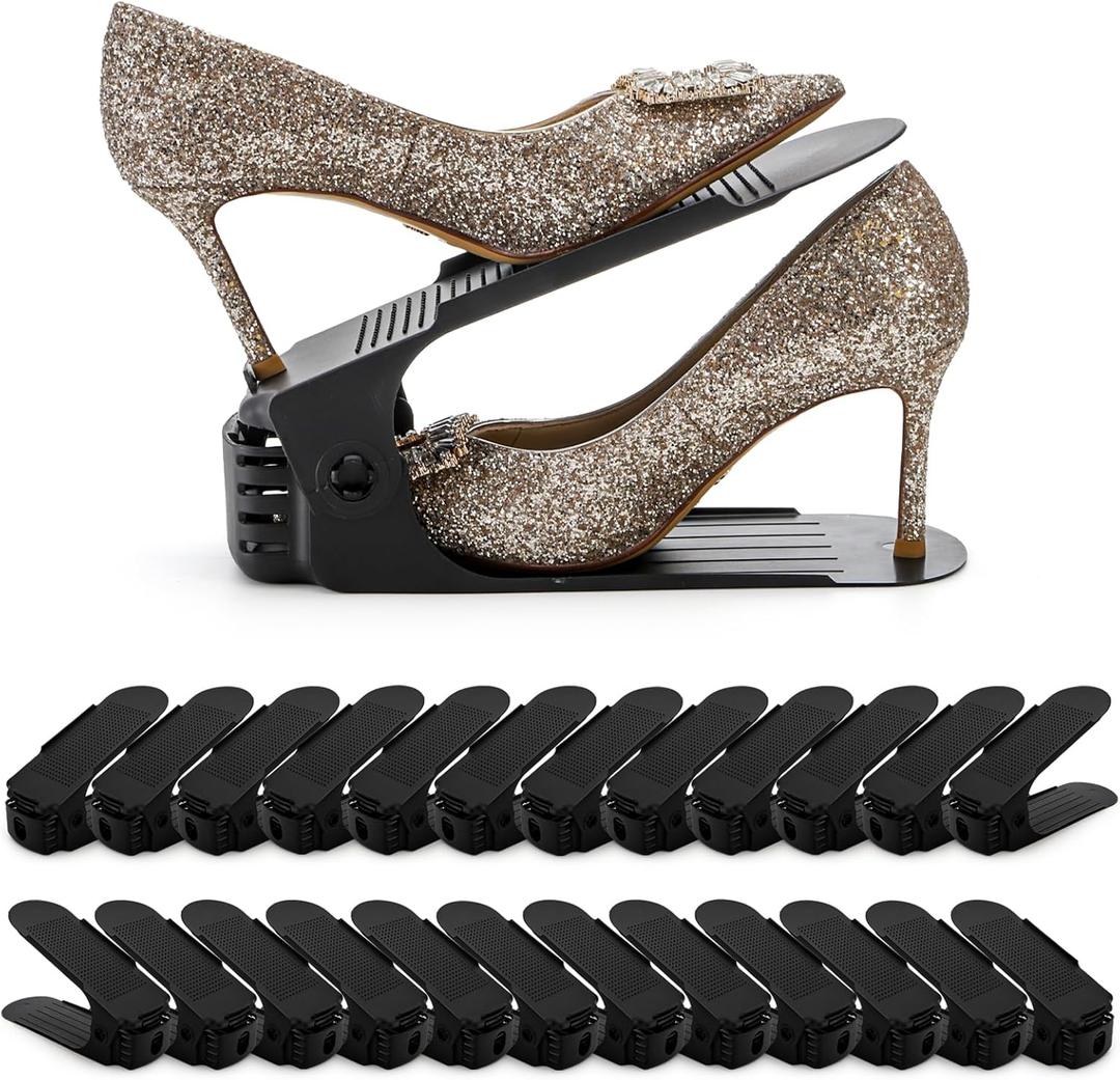 24 Pack Shoe Slots Organizer, Adjustable 4 Levels Shoe Stackers, Double Deck Shoe Storage Holder, 50% Space Savers Rack, Thickening Plastic Shoes Riser for Closet Entryway Organization, Black