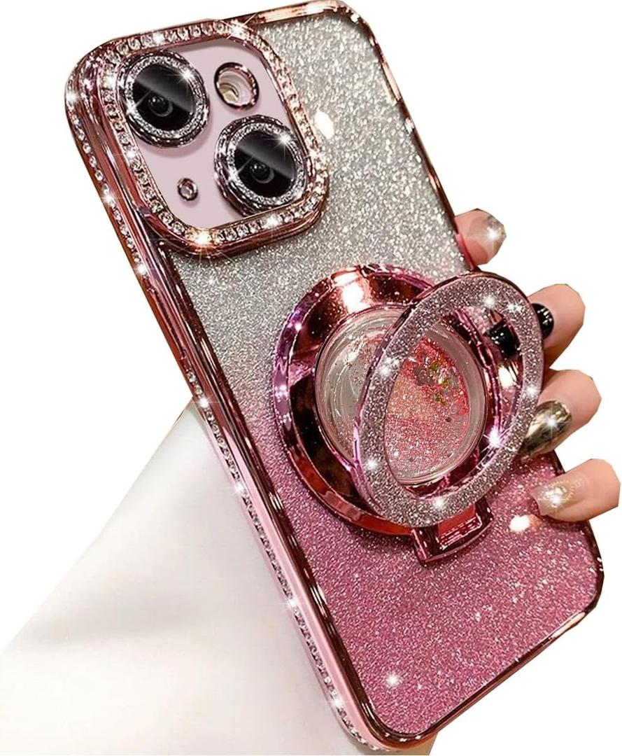 Changjia Glitter Kickstand Case for iPhone 15, Luxury Bling Sparkly Diamond Rhinestone with Camera Lens Protector Liquid Flowing Ring Stand TPU Bumper Slim Women Girls Case for iPhone 15 6.1" (Pink)