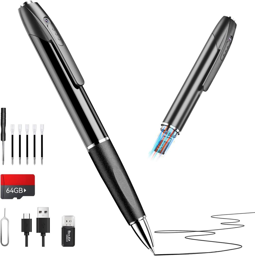64G 1080P HD Portable Pen Camera,Long Battery Life Body Camera Pen with Loop Recording,Rechargeable Nanny Cam with Smooth Writing for Interview, lecture,Meeting,Classes, Easy to Use & Stable Transfer