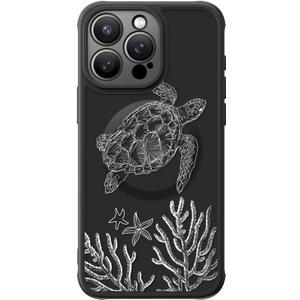 FUNMIKO for iPhone 14 Pro Max Case Military-Grade Protection & Wireless Charging - Trendy Pattern Design for Women Girls, Non-Slip Matte Phone Cover with Shockproof Corners - Swimming Sea Turtle