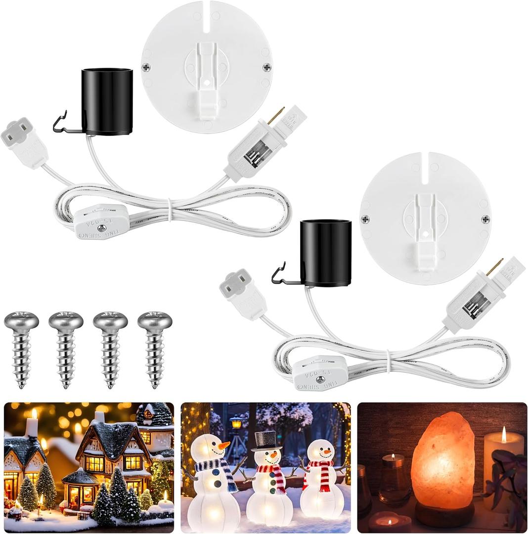 Meonum 2 Set Blow Mold Light Kit Replacement, E27 E26 Single Light Cord Kit with Two Fuse Female Plug, Blow Mold Replacement Cord Socket for Indoor Outdoor Christmas Village House, Inflatable Decor