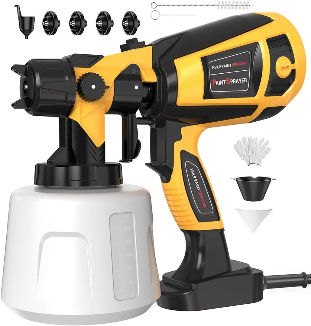 Paint Sprayer 1000W High Power Electric Spray Paint Gun with Adjustable Spray Width Knob,1400ML Container,4 Nozzles & 3 Patterns,Easy to Clean for Furniture Cabinets House Painting Black Yellow