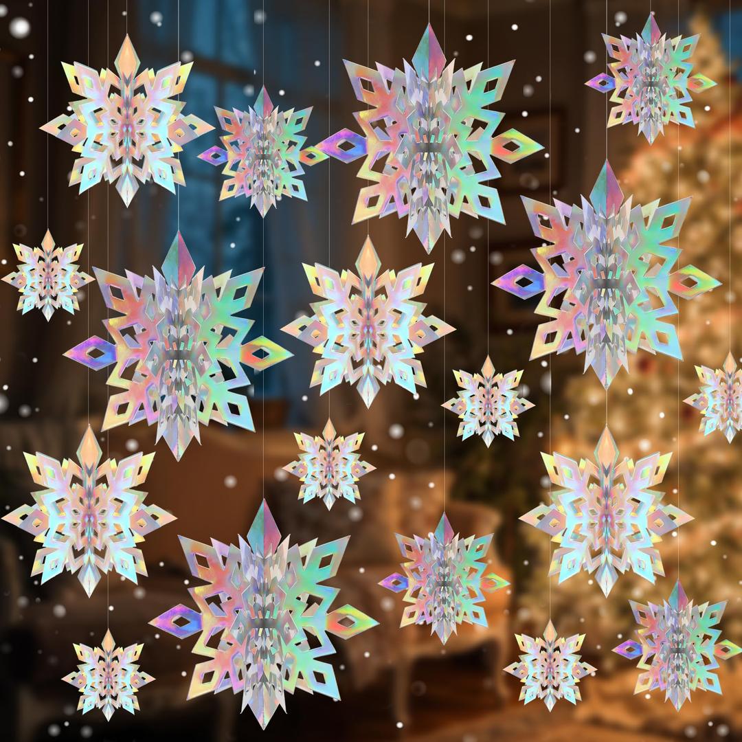 Christmas Snowflake Hanging Decorations, 12 Pcs 3D Silver Paper Snowflakes, Snow Flakes Garland Ornament for Ceiling Xmas Frozen Winter New Year Holiday Birthday Home Office Classroom Party Decor