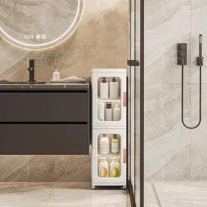 Slim Bathroom Storage Cabinet for Small Spaces, 2-Tiers Plastic Narrow Storage Organizer with Doors and Shelves Stackable Bathroom Floor Cabinet for Home, Living Room, Study Room