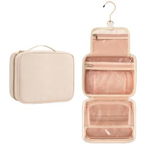 CUBETASTIC Travel Toiletry Bag, Portable Makeup Bag with Hanging Hook Waterproof Cosmetic Organizer Case 3 Compartment Leather Pouch for Toiletries (23cm9.05-Inch, White)