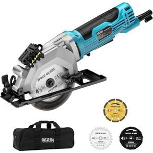 Seesii Mini Circular Saw with Laser Guide,4.8A 4000 RPM Compact Corded Circular Saw with Rip Guide,3 Blades (4-1/2") for Wood,Soft Metal,Tile,Plastic Cutting,Max Cut Depth 1-11/16"(90),1-1/8" (45)