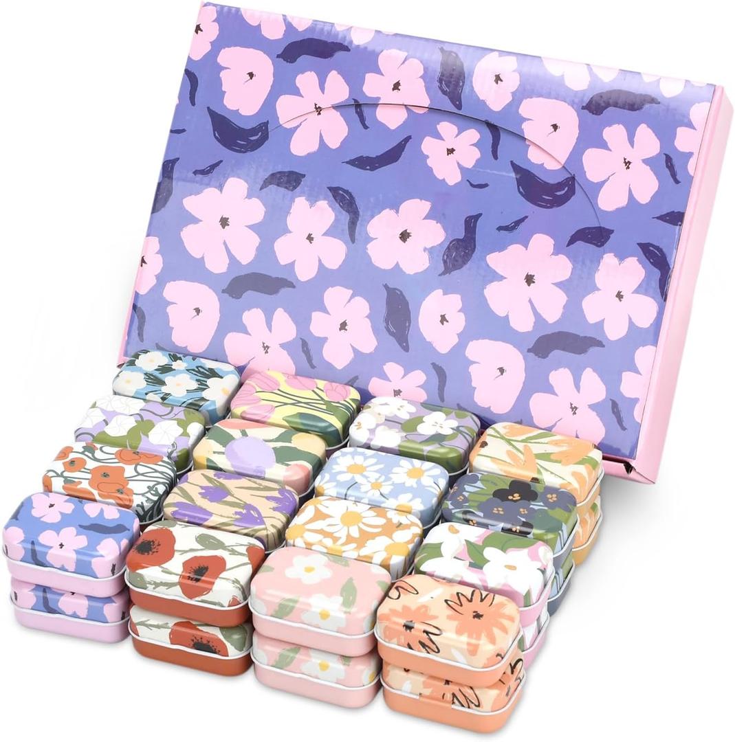 32 Pack Mini Floral Tin Boxes with Hinged Lids - Compact Storage Boxes for Small Items, Gift Wrap, Pill Cases or Mint Tins