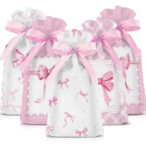 Blosssound 48 Pcs Pink Bow Candy Bags 9.1 x 5.9 Inch Coquette Drawstring Plastic Treat Gift Goodie Bag Bulk for Birthday Weddings Bridal Shower Engagement Party Supplies