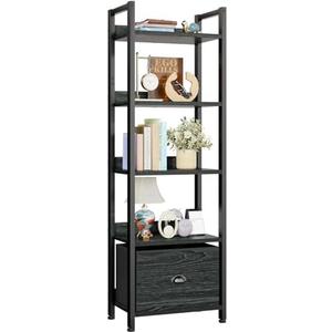 Furologee 5 Tier Bookshelf with Drawer, Kitchen Bakers Rack with Storage, Tall Narrow Bookcase, Industrial Free Standing Display Shelf, Wood and Metal Book Shelf for Bedroom, Living Room, Black
