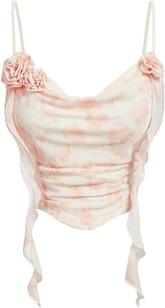 SHENHE Women's Mesh Cowl Neck Camisole 3D Flower Rosette Ruffle Fairy Boho Tank Top (S)