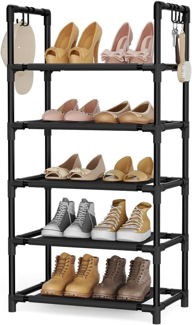 LANTEFUL 5 Tiers Shoe Rack 12-15 Pairs Boots Organizer Storage Sturdy Narrow Shoe Shelf for Entryway, Closets with Hooks, Black (5 Tier-34" High-17" Wide)