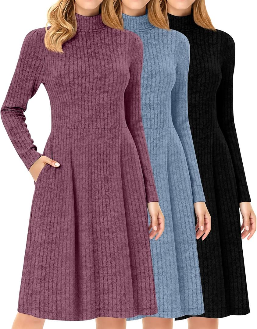 Oakgarden 3 Pack Women's Turtleneck Long Sleeve Dresses, Ribbed Knit Casual Fall Winter Sweater Dresses with Pockets(Blue, Fuchsia, Black, Small)