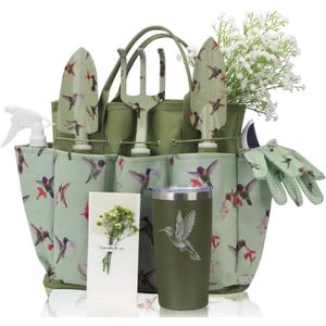 Garden Tool Set with Hummingbird Print, Heavy Duty Gardening Hand Tools with Garden Tool Bag,Gardening Gifts for Women&Men,Green