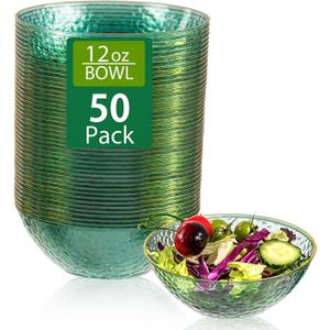 I00000 50 Pack 12 Ounce Clear Green Plastic Bowls Serving Bowls Hammered with Gold Rimmed, Heavy Duty Disposable Bowl Set,Small Bowls for Party Picnic, 50 Pack, Green Gold